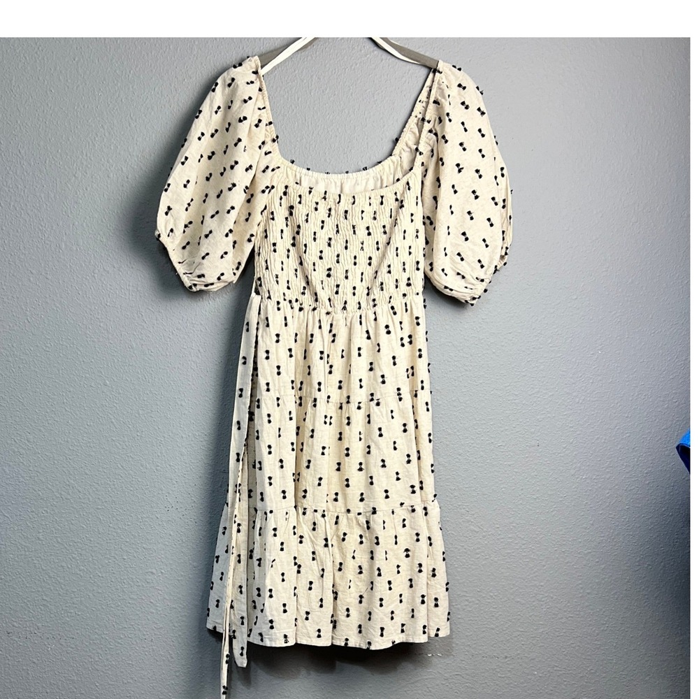 Sim & Sam Cream‎ Black Tufted Clip Dot Smocked Puff Sleeve Tiered Mini Dress S